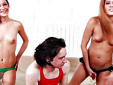 Pegging dominas spank crossdresser sissy in group