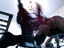 Sexy blonde humiliating ass whipping threesome