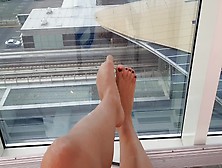 Balcony Fetish.  Public Restaurant Horny Feet