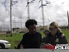 Peeping tom is chased through field and caught by perverted milf cops