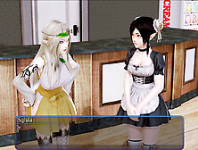 Anime visual novel gameplay featuring joystick action in a harem hotel