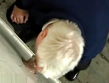 Grey Old Moustached Man Giving Blowjob Through Glory Hole