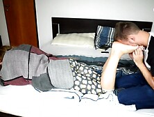 Lustful by her large stripped feet in his face (poked foot worship, foot massage, LARGE feet, youthful soles)