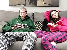 Step Brother See Porn and Jerk Off Next To Step Sister! But That Babe Make A Decision Tugjob Him Instead Reading Boring Book