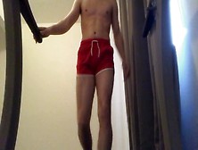 Hung Twink Runs On Treadmill In Behind Shorts While Jerking Off.  Gigantic Cum-Shot