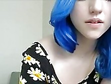 Blue Haired Girl In Flowers Plays With Tits