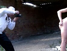 Curly blonde gets naked and riding strangers’ cock at photo shooting