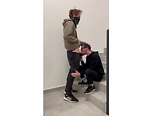 Quickie on the staircase, swallowing