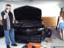 Beautiful Blonde With Tight Skinny Body Wearing Gold Chain Necklace Kneels Quietly By The Black Car And Sucks Black Cock In The