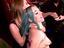 Blue haired slut banged in public bar