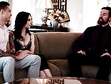 Full-bosomed gold digger fucks BF and stepdad