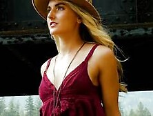 Sweet blonde musician posing outdoor and exposed beautiful natural body