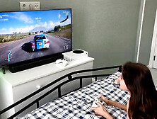 Dressed up teen shows her feet to the camera while being face fucked