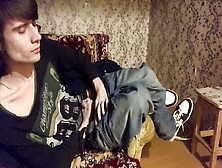 A Boy In Sneakers Masturbates In The Dark On An Armchair