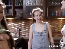 Brat lesbian fucks plumbers apprentice in the kitchen