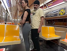 Student girl gets cum on New York subway train.