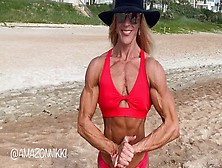 Public Muscle Worship At The Beach! Amazon Nikki Poses In Pretty Red Bikini With Waves Crashing!