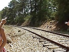 Stunning French babe gets fucked by two dudes on the railway