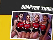 Four Gorgeous Lesbian Cheerleaders On A White Leather Sofa In Lesbian Mobile Filming