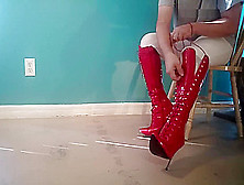 Crossdresser Putting On 2 Different Pairs Of Pleaser Pvc Boots