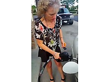 Mom Pumping Gas In Sheer Blouse With No Bra