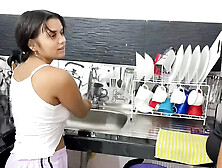 My Stepmom Fucks My Small Pussy In The Kitchen While She Washes The Slab