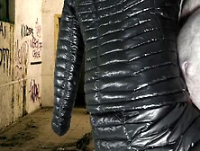 Cuming on Girlfriend's Shiny Ebony G. W. Down Jacket