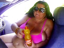 European busty mature stripping in the car for her bf