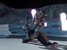 Alien Sex.  Spacewoman In Spacesuit Plays With Alien On The Exoplanet