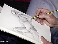 Elegant Shiela In Red Boots Gets Drawn By An Old Artist In The Bedroom.