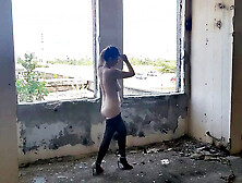 Za Za the Brunette MILF Undresses in Abandoned Building - Big Ass Solo in Stockings