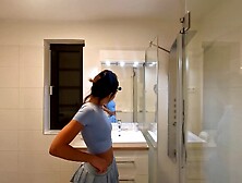 Braless large bazookas Oriental cosplayer in her hot flirty short mini petticoat flashes her pants in advance of taking 'em off