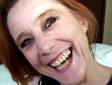 Aged redhead with a perfectly bald vagina is having anal sex and enjoying it a lot