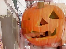 Naughty stepmom Tia Cyrus gives blowjob through pumpkin head