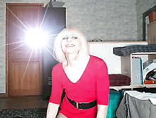 Sexy Blond Crossdresser Red Dress High Heels Stockings Shows Cock