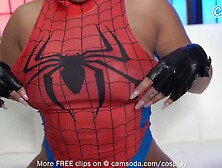 sexy Hispanic Cosplay As Spider women Spreads Her Snatch Wide