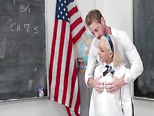 A Blonde That Has A Sexy Cunt Is Rammed On The Desk Of The Class