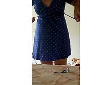 Step mama in blue mini suit and outstanding pants changed in front of step son