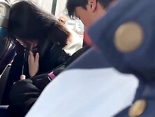 girl making a cock cum in her mouth on bus