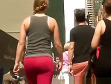 Ponytail Girl In Red Leggings Walking