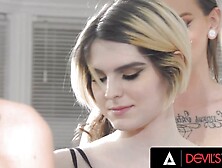 DEVILS TGIRLS - beauty Tgirl Sandwich With 3 Beauties Who Taking Turns Getting Her Booty Boned