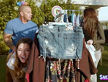 Cute brunette wants to feel a massive dick during a garage sale