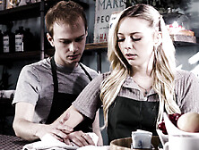 Blond hair babe barista fucks cheating BF in cafe