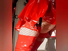 Sissy Slut In Red Viny Outfit Dildoing Until She Cums